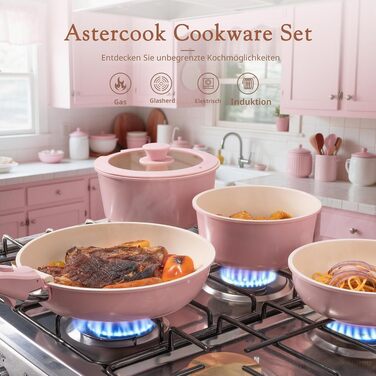 Набір посуду Astercook з керамічним антипригарним покриттям, 21 предмет, зі знімними ручками, для індукційних плит та духовки, рожевий