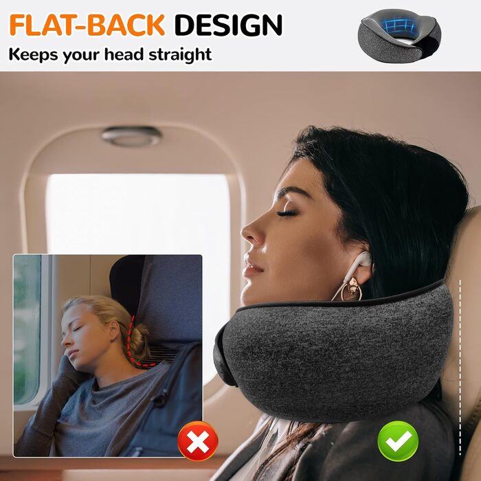 Подушка для шиї у літак, подушка для подорожей Memory Foam 360° підтримка, подушка-вичка з навушниками, маска для сну та сумка. Регульована, компактна подушка для подорожей літаком, автомобілем, поїздом. Чорний колір