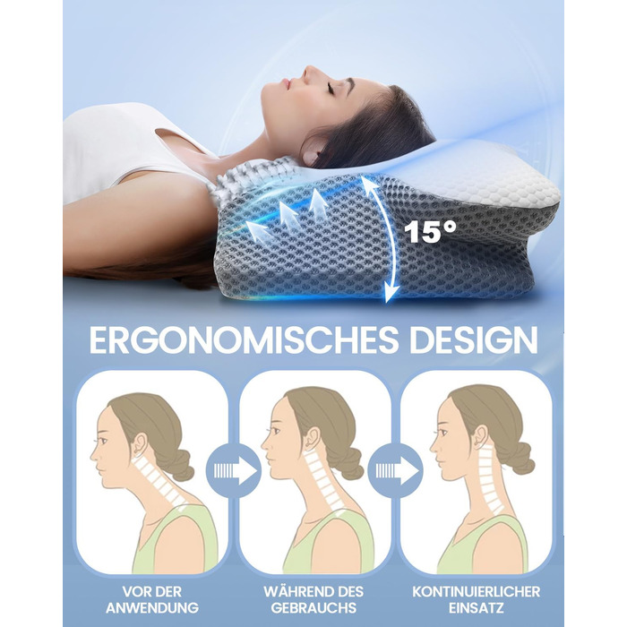 Ортопедична подушка для шиї з Memory Foam, Ergonomische, 2 висоти, для сну на боці, спині та животі, сірого кольору