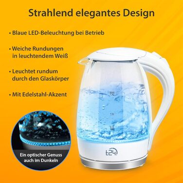 Скляний електрочайник T24 79020 з LED-підсвіткою, 1.7 л, 2200 Вт, захист від википання, без BPA, білий