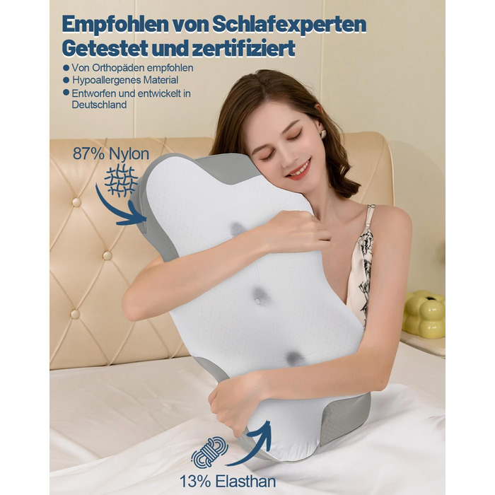Ортопедична подушка для сну для тих, хто спить на боці, з зоною полегшення вух, з піною з пам'яті, для зняття болю в шиї, подушка для підтримки шиї, для спини/живота, темно-сіра