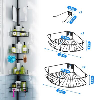Bomclap Telescopic Shower Shelf with 4 Baskets and 1 Towel Holder, Shower Shelf No Drilling Required, Height Adjustable 149-276cm for Shower and Bathtub, Black