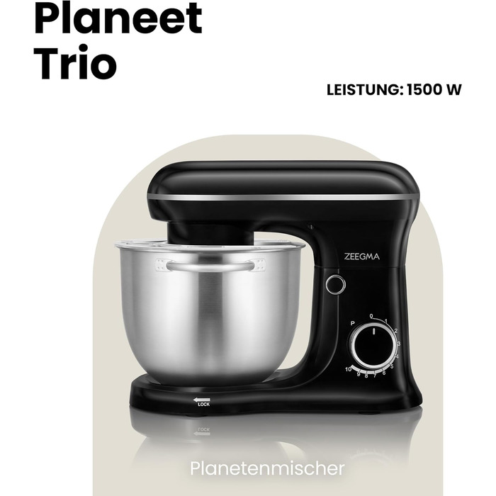 Кухонний комбайн ZEEGMA PLANEET TRIO: 1500W, 3 чаші (4л, 4.5л, 5.2л), 10 швидкостей, міксер, насадки, чорний
