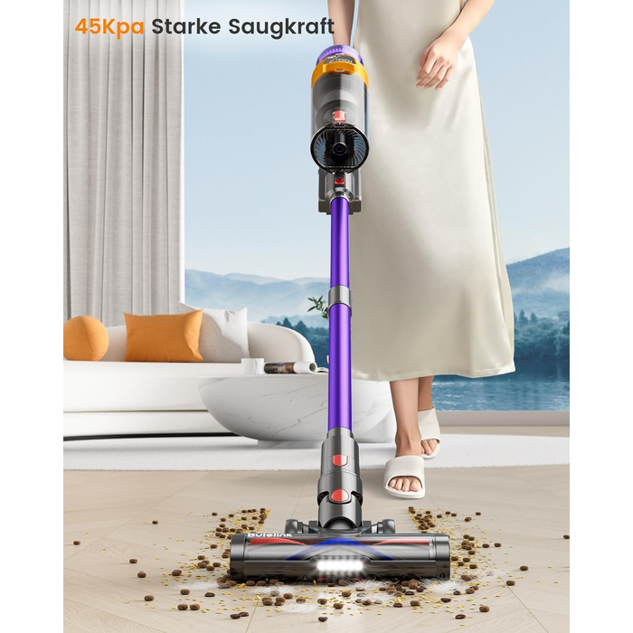 Бездротовий акумуляторний пилосос 45000 Па/550 Вт/70 хв, 1.8 л з OLED-екраном та антизаплутана насадка для підлоги, для твердих поверхонь, килимів, шерсті тварин