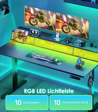 Офісний стіл для геймінгу OffiGo, 140 см, регулювання висоти, RGB LED, розетки, 3 стійкі місця для зберігання, тримач для напоїв та навушників, стільниця з карбонової поверхні (білий/чорний)