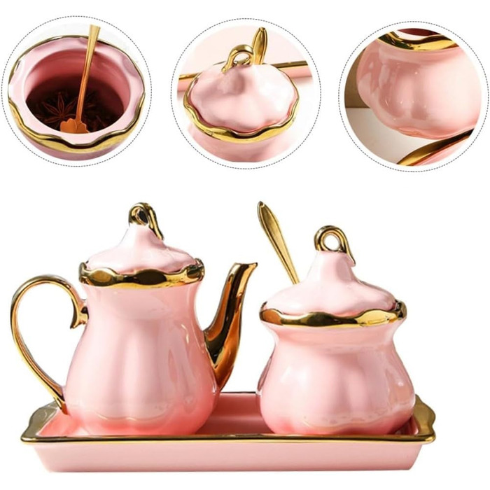 Ceramic Milk Pitcher and Sugar Bowl Set, Sugar Container, Milk Canister with Tray, Spice Jar with Lid and Spoon, Creamer, Coffee Service Set for Home, Cafe, Bar (Pink)