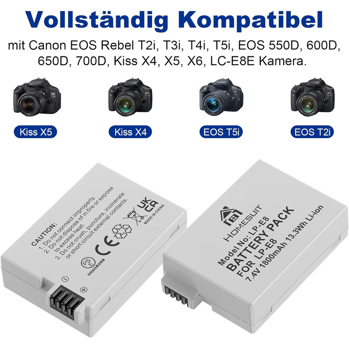 Акумулятор LP-E8 1800mAh та LED зарядний пристрій для Canon EOS Rebel T2i T3i T4i T5i EOS 550D 600D 650D 700D Kiss X4 X5 X6 X6i X7i (2 шт. акумулятори + 1 зарядний пристрій)