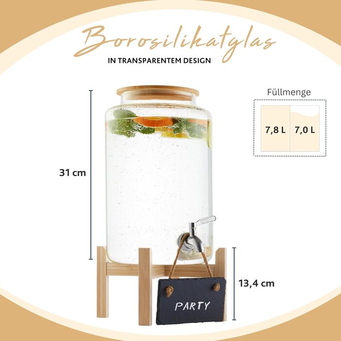 Singer | Punch Bowl Set with Glass Straws and Glasses, Punch Bowl Bowl with Wooden Lid, Drink Dispenser with Tap incl. 6 Glasses, Drink Dispenser for Mulled Wine and Punch, 7.8 Liter Glass Container