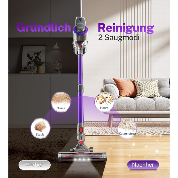 Бездротовий акумуляторний пилосос з потужністю 25000Pa, 175W, час роботи 50 хвилин. З антизаплутувальною насадкою та самостійне зберігання. Легкий ручний пилосос для твердих підлог, килимів, шерсті тварин. Колір: Taro-violett