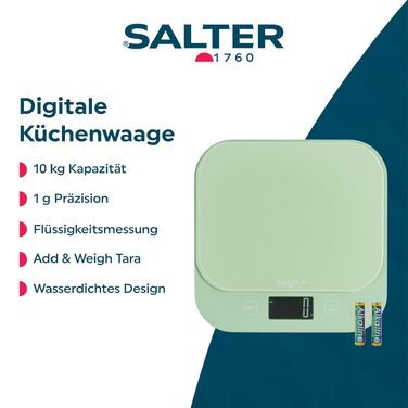 Цифрові кухонні ваги Salter British Bakes до 10 кг, точність 1 г, водонепроникні, платформа з загартованого скла, функція тари та вимірювання рідин (Зелений)
