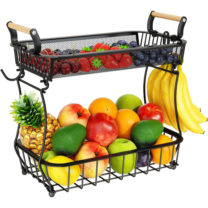 3-Tier Fruit Basket with 2 Banana Hangers for Kitchen Countertop, Vegetable Countertop, Storage Holder, Large Capacity, Metal Wire, Fruit Stand, Organizer for Onion, Snack, Black (Black-2 Tiers (with Banana Hangers))