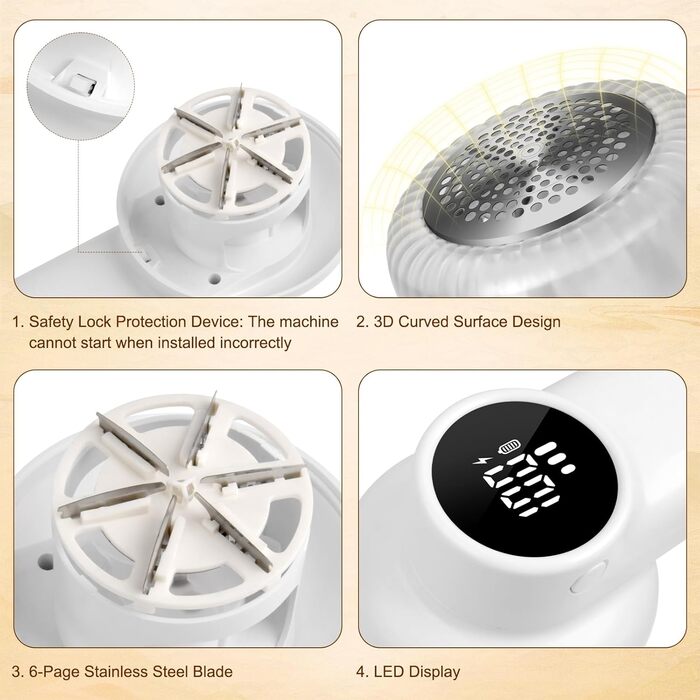 Електричний видалення ворсу ELZO - портативний, бездротовий, з LED-дисплеєм, 3 швидкості, 2 змінні насадки, для одягу, ковдр, білий