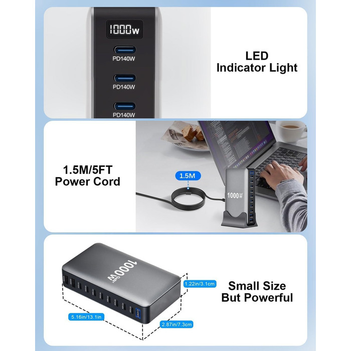 Зарядний пристрій USB-C GaN III 1000W 10-в-1 PD140W/100W QC20W для MacBook, iPad, iPhone, HP, Samsung Galaxy та ін.