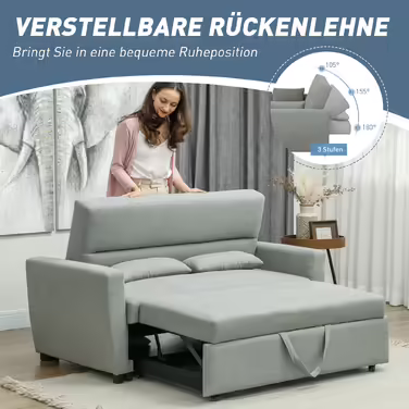 HOMCOM Sleeper Sofa, 2-Seater Sofa Bed with Sleeping Function, Adjustable Backrest, Couch with Cushions, Velvet Look, Sleeper Sofa with Storage Box for Living Room, Guest Room, Light Grey | Aosom