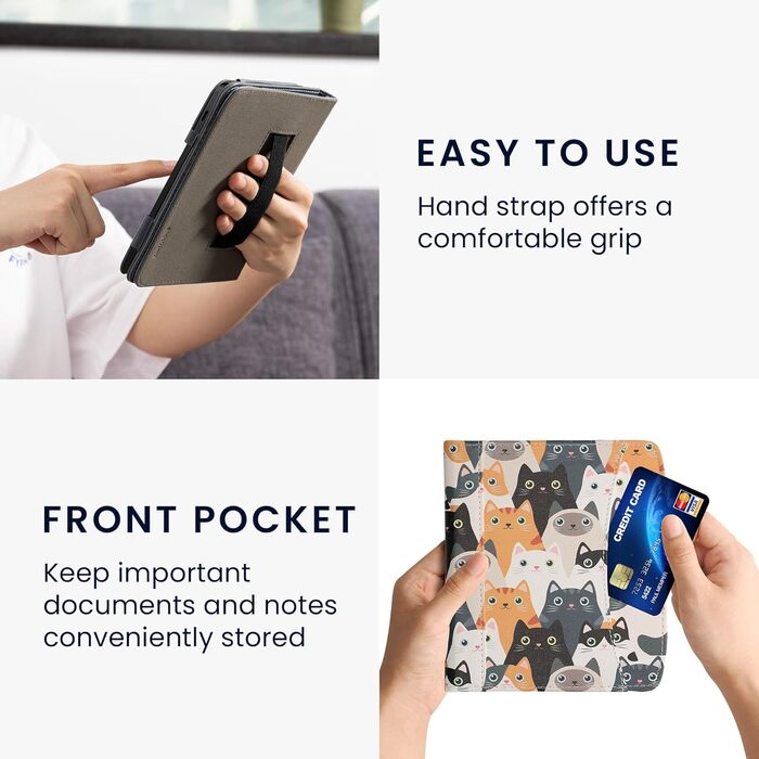 Чохол-книжка kwmobile для Pocketbook Era/Era Color з кишенею та лямкою - з зображенням жінки, що читає, чорно-бежевий (коти)