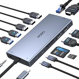 Док-станція USB-C з підтримкою двох моніторів, 14 в 1 для ноутбука, хаб з 2 HDMI, VGA, Ethernet, PD, USB Data, 5 USB портів, SD/TF кардридер, аудіо