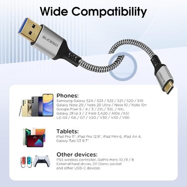 Кабель USB-C на USB 3.1 Gen2, 0.5м, швидка зарядка 3A/60W, 10Gbps, сумісний з iPhone 15, Galaxy S24, Redmi, Pixel 8, PS5 SSD