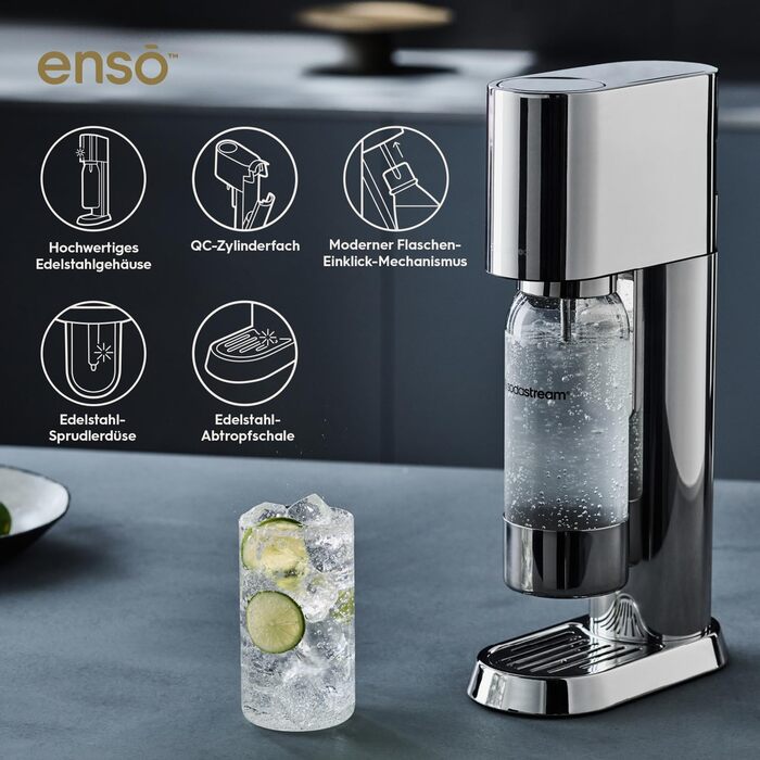 SodaStream® enso™ Преміум Газовий Напоєвник | Нержавіюча сталь, дизайн Naoto Fukasawa | З пляшкою 1 л без BPA та серветкою | Проста заміна CO2, Срібний Enso без балончика