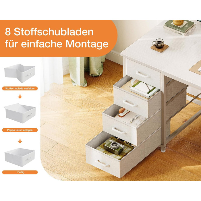 Комп'ютерний стіл Coleshome з 8 висувними ящиками з тканини, 140x48 см, білий. Зберігання, для офісу, дому, ігровий стіл.