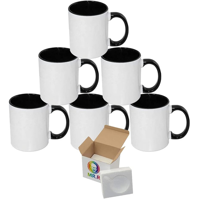 MR.R Sublimation Blanks, Dishwasher-Safe Ceramic Coffee Mugs with Black Color, Inner Cup and Handle, Drinking Cup, Cup for Milk, Tea, Cola, Water, 11 oz, Set of 6