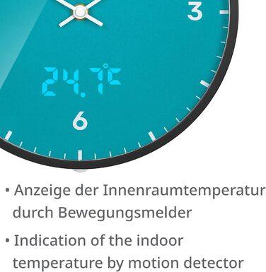 Bresser MyTime Radio-Controlled Wall Clock without Ticking Sounds, 24 cm Dial, LED Second Display, Indoor Temperature, and Silent Radio Movement, (Sky Blue)