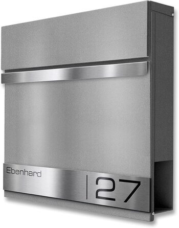 Поштова скринька Metzler Premium з газетницею Anthrazit, персоналізована з табличкою для імені, високоякісна настінна з нержавіючої сталі V2A з порошковим покриттям RAL 7016, модель Stencil (сірий алюміній)