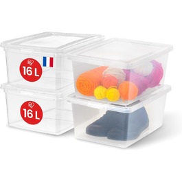 Iris Ohyama Versatile Storage Boxes, 5L, 20-Piece Set, Transparent, Easy-Close Lid, Stackable, For Closet, Shelves, Classroom, Organization, Toys, Art Supplies, Shoes, CNL-5 (16L / 4-Piece Set)