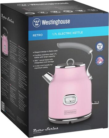 Електричний чайник Westinghouse Retro, 1.7 л, рожевий, з контролем температури та рівня води, з фільтром від накипу та захистом від перегріву