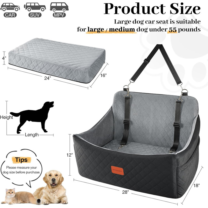 Wooaidagg Dog Car Seat for Medium & Large Dogs - Washable Memory Foam Pet Car Bed with 2 Leashes (Black/Grey)