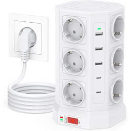 Блок розеток із захистом від перенапруги (3680W/16A), 12 розеток з 5 USB, мережевий фільтр з вимикачем, 1,5м кабель, захист 1050J, для дому/офісу, білий