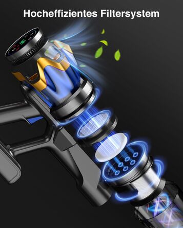 Бездротовий акумуляторний пилосос 45000 Па/550 Вт/65 хв, об'єм 1,6 л з дисплеєм, антизаплутувальною насадкою, самостійне стояння, док-станція на стіні, 8-шарова фільтрація, тиха робота, для шерсті тварин/килимів/твердих підлог/автомобіля, блакитний