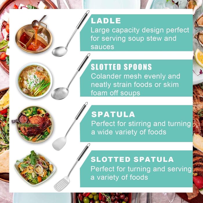 Набір кухонного приладдя Pleafind 4 шт. з нержавіючої сталі (304) - ложка, шумовка, лопатка, ложка для супу