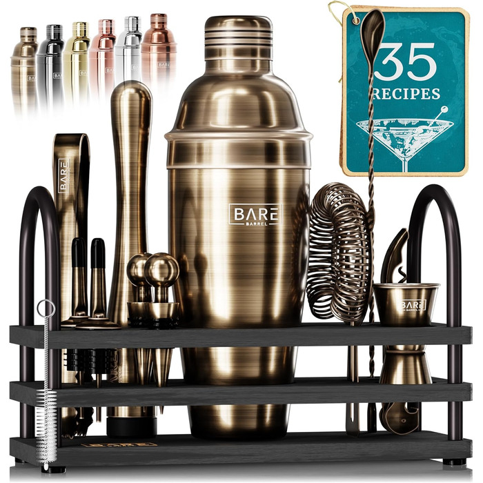 Набір бармена BARE BARREL®: 14 предметів для приготування коктейлів, шейкер Schuster (680 мл), аксесуари для бару, 35 рецептів, подарунковий набір
