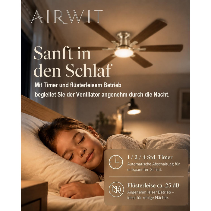 Стельовий вентилятор Airwit 132 см з підсвічуванням та пультом ДК, DC-мотор, 6 швидкостей, диммований LED, таймер, режим зима/літо, колір горіх/срібло