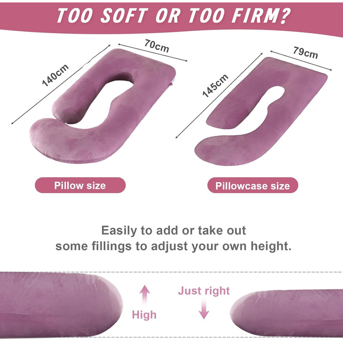 Подушка для вагітних Otauoaea J-подібної форми, подушка для годування XXL, подушка для сну на боці, 145x70 см (рожева, велюр)