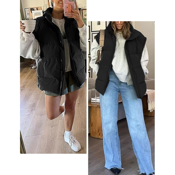 Жіноча зимова укорочена пухова жилетка. Легка, тепла, без рукавів, зі стійким коміром, з кишенями. Чорна