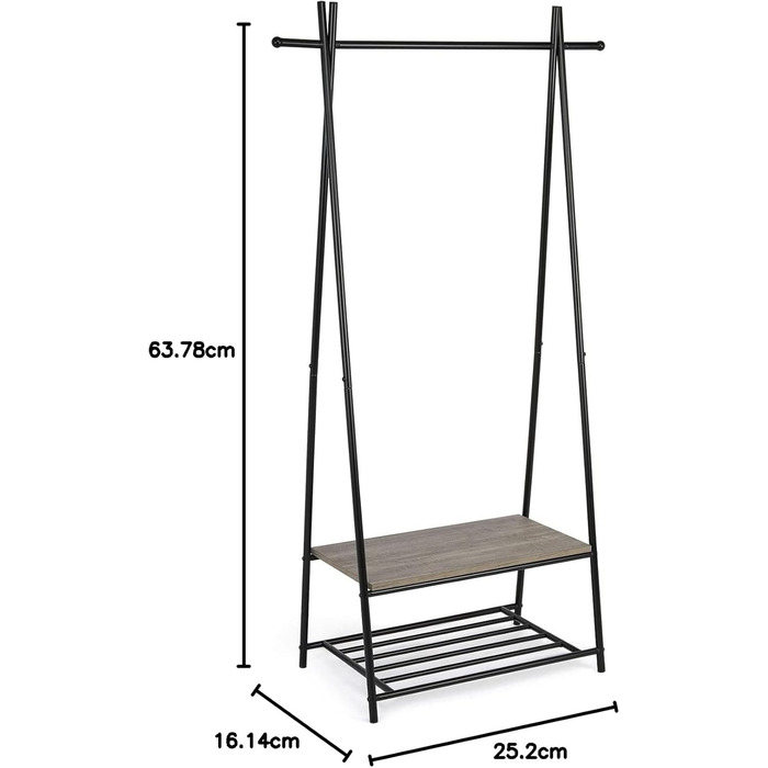 Coat rack, clothes rack, wardrobe with shoe storage, metal frame, for hallway, living room and veranda, retro-industrial clothes rack, 64cm x 41cm x 162cm, (Grey)