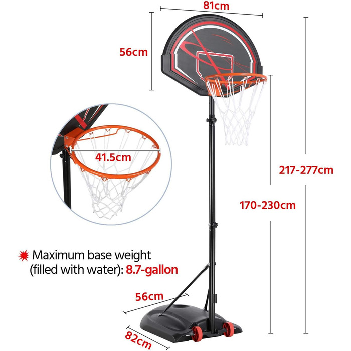 Yaheetech Portable Outdoor Basketball Hoop Stand with Wheels - Adjustable Height 217-277cm Black