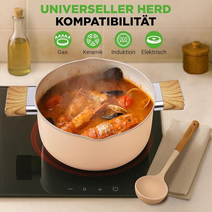 Набір посуду NutriChef Topfset 14 предметів для індукції, рожевий – керамічне антипригарне покриття, знімні ручки, скляні кришки