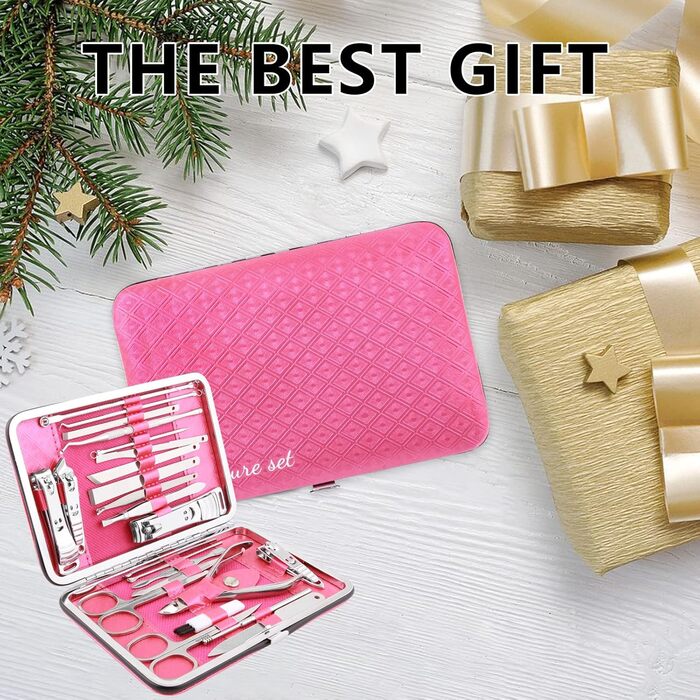 Набір для манікюру та педикюру 23 шт. Професійний набір для стрижки нігтів з нержавіючої сталі з подарунковою шкіряною сумочкою (Рожевий/Сріблястий)