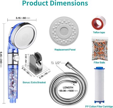 MIAOHUI Blue Eco Filter Showerhead with Ion Filter and Scale Filter, Pressure Boosting Hand Shower, Water-Saving with Filter Equipped, Hose, Holder, PP Cotton, Pack of Filter Balls, Panel