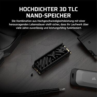 SSD Corsair MP700 Elite 2TB PCIe 5.0 NVMe M.2 – Швидкість до 10000 МБ/с – 3D TLC NAND, DirectStorage, з радіатором – Чорний