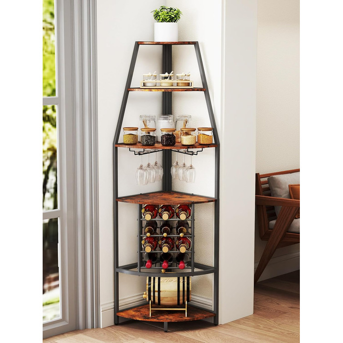 Стеллаж для вина Nisorpa на 12 пляшок, 5-ярусний кутовий, з тримачем для келихів, вінтажний коричнево-чорний