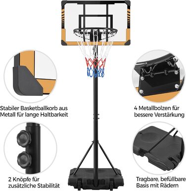 Yaheetech Adjustable Height Basketball Stand with Wheels - Mobile Basketball Hoop, Water or Sand Fillable, Indoor/Outdoor Basketball System - 226.5cm - 256.5cm