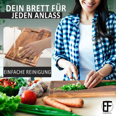 Великий обрізна дошка з дерева акації EndlessFresh (39x25 см) з жолобом для соку, ручкою та ніжками — преміум кухонна дошка для нарізки
