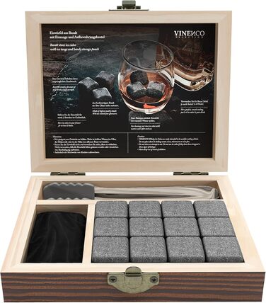 Набір кам'яних кубиків для віскі - 12 багаторазових кубиків з базальту, щипці + тканинний мішечок. Аксесуари для бару, коктейлів, віскі, джину. Декоративні кубики, подарунок. Базальтові кубики для віскі, 12 шт.