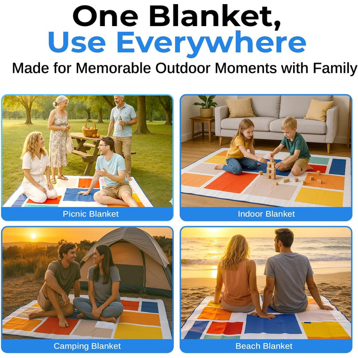 Великий плед для пікніка та відпочинку на природі Scuddles з кишенею – двошаровий, водовідштовхувальний, 200 x 150 см, блакитно-білий