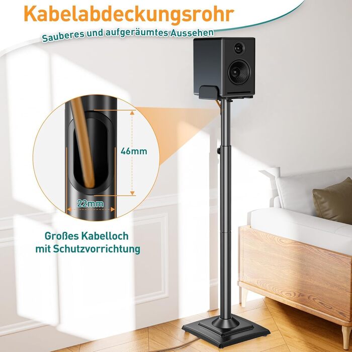 Універсальна підставка для поличних колонок ELIVED, регульована за висотою, з висувною платформою та внутрішнім кабелем-каналом, витримує до 5 кг, 1 пара