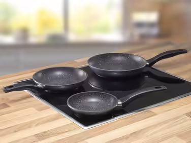 STONELINE 3-piece Frying Pan Set, 16/20/24 cm, Non-stick coated pan with real stone particles, pan suitable for induction and oven use, gray, for oil and fat-free frying
