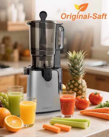 Charmline повільно-видавлюючий соковичавник (slow juicer), 130 мм завантажувальний отвір, 1.8 л контейнер для соку, BPA-free, сертифікат GS, легке очищення, переможець тестування для здорових соків